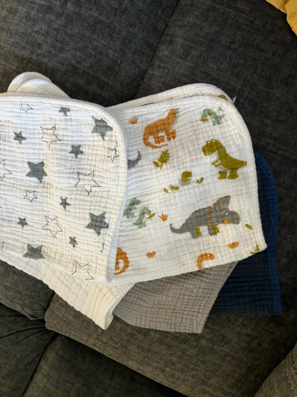 White Dinosaur Print Muslin Baby Bib - Soft Cotton Burp Cloth